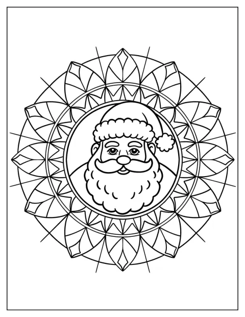 En klassisk tomtebild omges av geometriska mandalamönster.