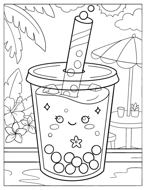 Un bicchiere di bubble tea con cannuccia si trova in un resort estivo.
