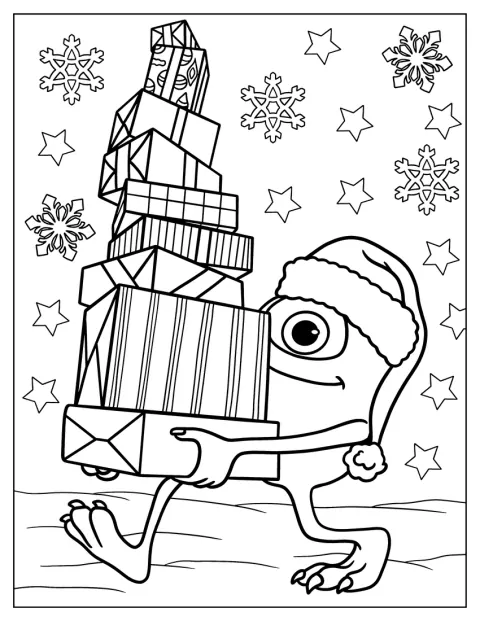Mike Wazowski din Monsters Inc poartă mai multe cadouri de Crăciun.