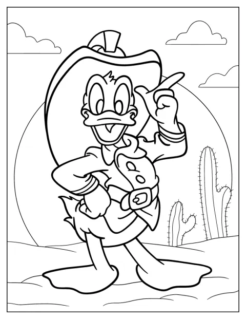 Als Cowboy gekleidet steht Donald Duck mit Hut und Westernkleidung da.
