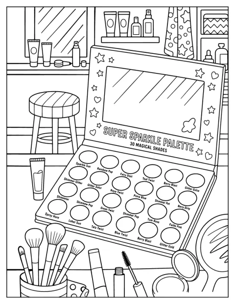 Large Makeup Eyeshadow Palette with Brushes and Cosmetics Coloring Sheet