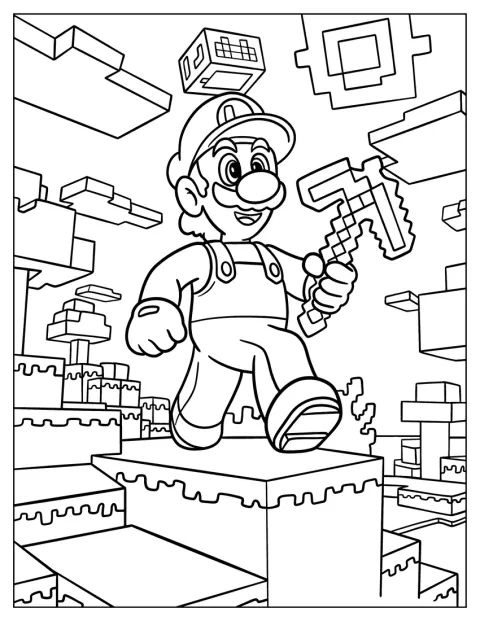 Luigi holder en hakke i Minecrafts firkantede verden.
