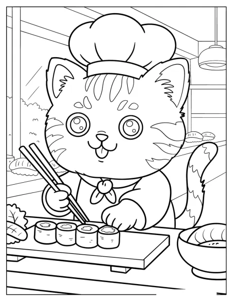En kattkock använder ätpinnar för att laga sushi.