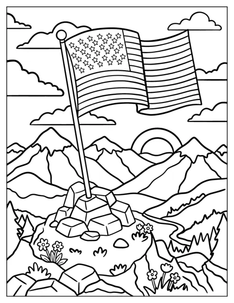 American Flag Waving Over a Mountain Valley at Sunset Coloring Page
