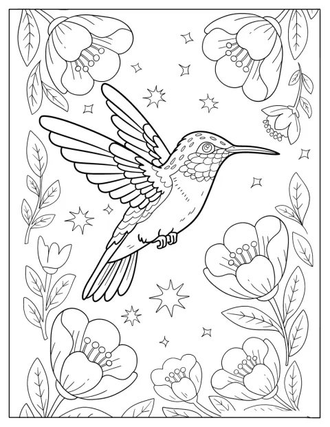 Un colibrí vuela entre flores y estrellas.