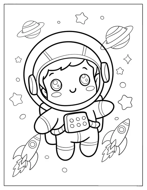 Chibi-astronautti seikkailee avaruudessa rakettien keskellä.