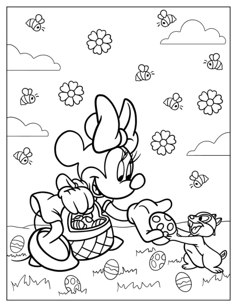 Minnie Mouse podává veverce velikonoční vajíčko.
