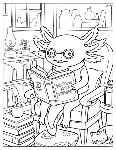 In einer gemütlichen Bibliothek liest ein Axolotl ein Buch über Mythologie.