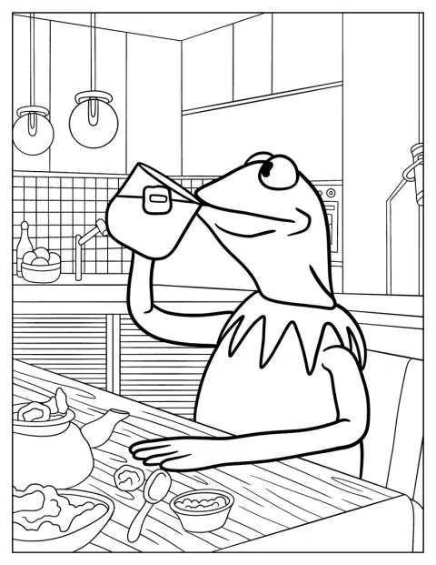 Na cozinha, Kermit bebe uma chávena de chá.
