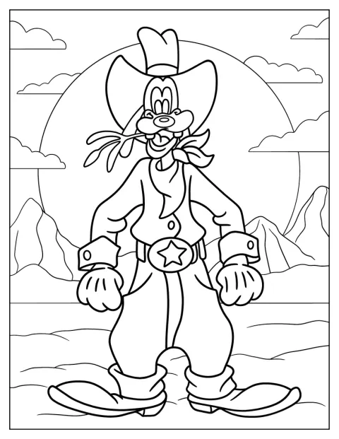 Als Cowboy steht Goofy in einer weiten Wüstenlandschaft.