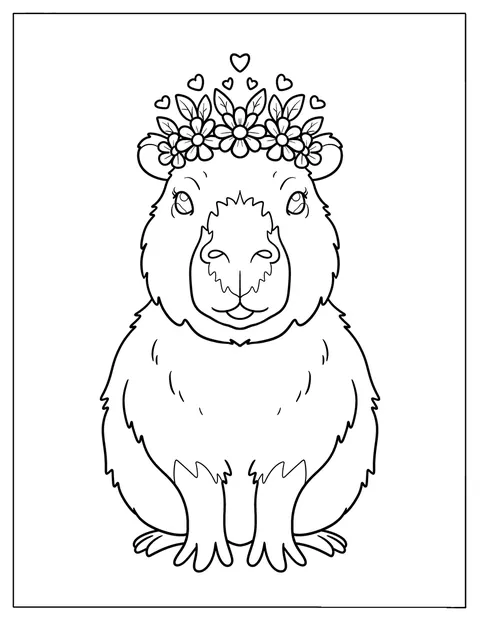 Une couronne de fleurs orne la tête du capybara, entouré de cœurs.