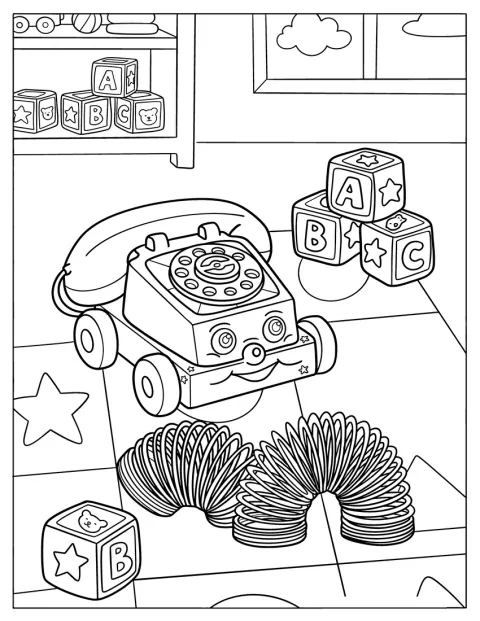 Toy Coloring Page of Telephone, ABC Blocks, and Slinky in a Playroom