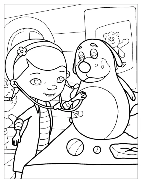 Met haar stethoscoop luistert Doc McStuffins naar Boppy’s hartslag.