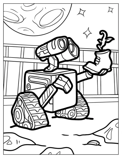 Wall-E levanta una bota que contiene una planta.