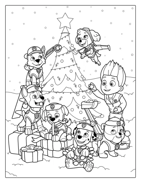 Un cane della Paw Patrol posa accanto a un albero di Natale.