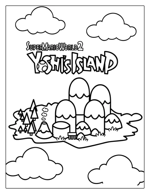 Yoshi staat op een eiland vol heuvels en planten.