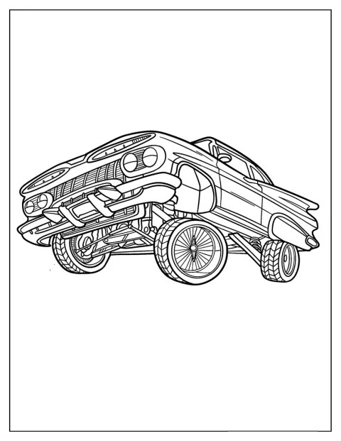 En lowrider ses i grodperspektiv, med bilens undersida i fokus.