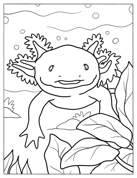 En axolotl kikker fram fra vegetasjonen under vann.