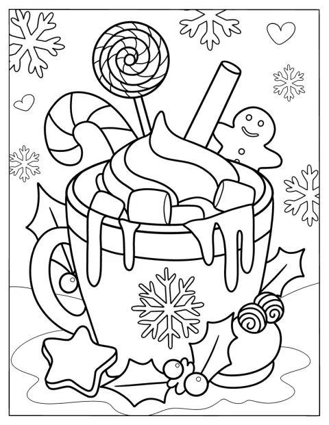 Une tasse festive de chocolat chaud est entourée de nombreuses friandises.