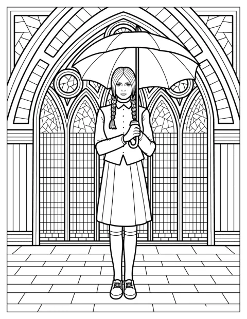 Wednesday está à porta da Nevermore Academy, protegida por um guarda-chuva.