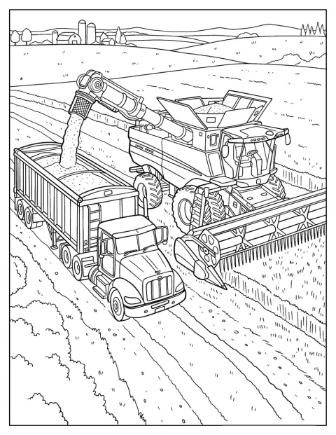 Una cosechadora John Deere descarga grano en un camión articulado en el campo.