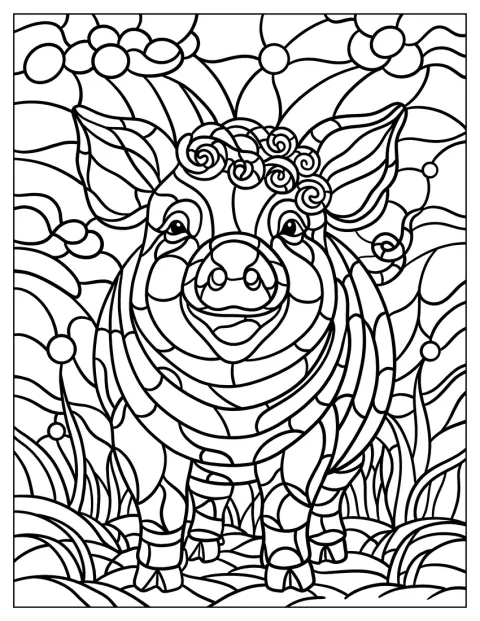 巻き毛のブタが笑顔を見せる、ステンドグラス風の絵です。