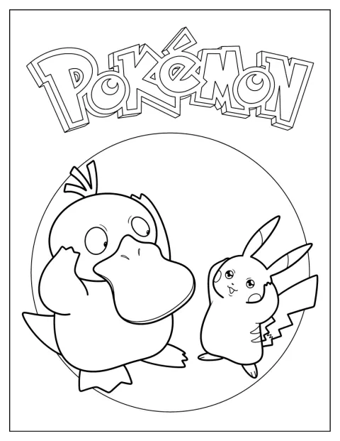 Psyduck og Pikachu står sammen på en Pokémon-plakat.