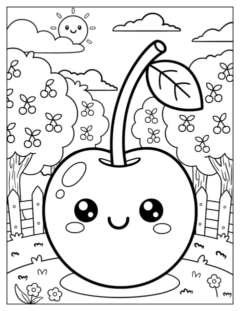 Eine Kawaii-Kirsche wächst zwischen den Bäumen in einem Obstgarten.