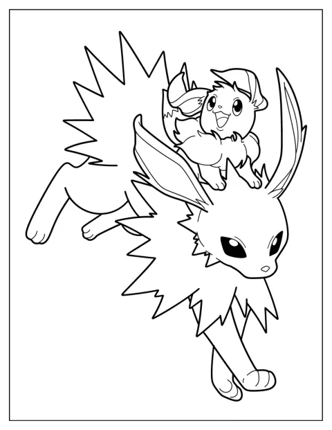 Eevee Jolteon hátára kapaszkodva utazik.