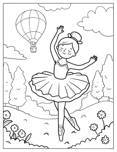 Een ballerina danst in een weide terwijl hoog in de lucht een heteluchtballon zweeft.