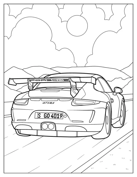 Porsche je vidět zezadu, když jede po silnici.