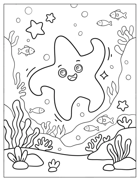 Uma estrela-do-mar dança alegremente no fundo do mar.
