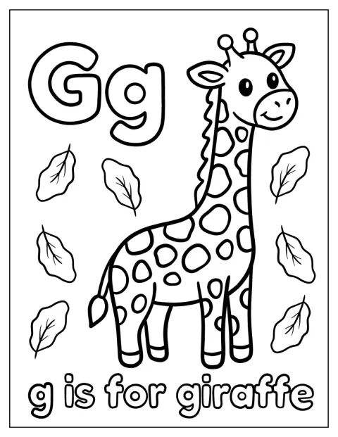 Une girafe souriante se tient près de la lettre G, tandis que des feuilles tombent.