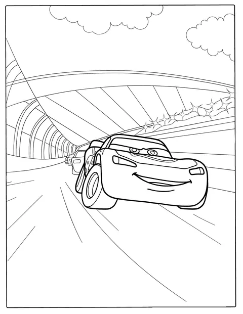 McQueen gonește pe pistă în timpul cursei Piston Cup.