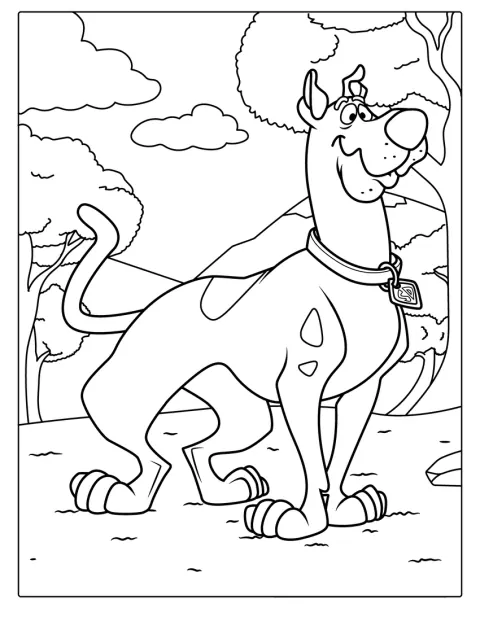 Scooby-Doo stoi i uśmiecha się szeroko.