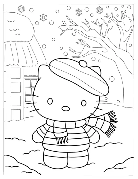 Hello Kitty bär basker och halsduk i vinterväder.