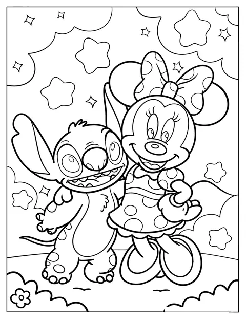 Stitch og Minnie Mouse svæver sammen under en stjerneklar himmel.