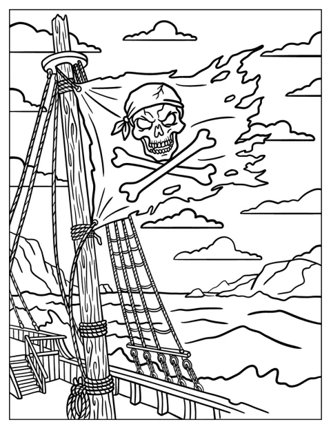 Un drapeau pirate à tête de mort flotte au-dessus d’un navire.