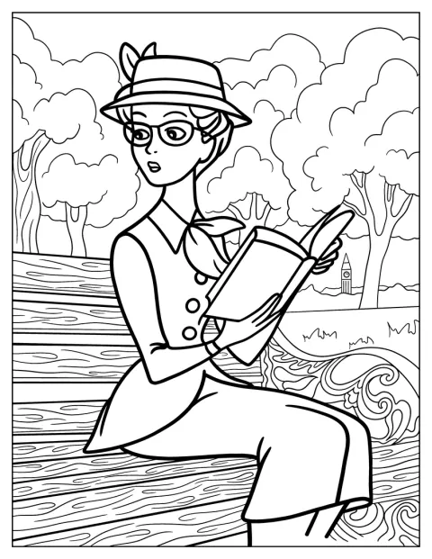 Anita Radcliffe zit in het park een boek te lezen.