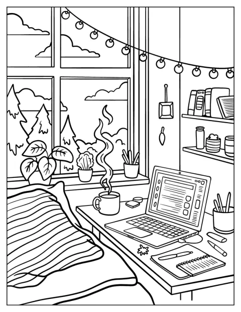 Una cama, un portátil, café, plantas y luces decoran este dormitorio acogedor.
