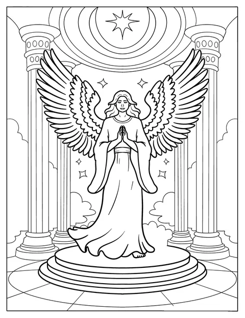 Um anjo de pé reza num altar celestial ladeado por altas colunas.