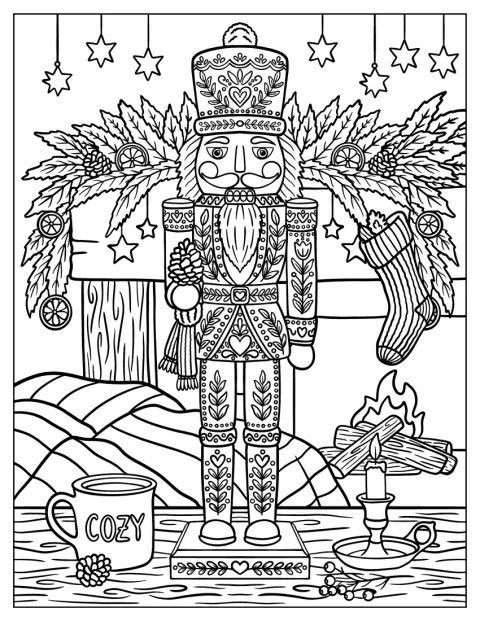 Floral Nutcracker Soldier by a Cozy Christmas Fireplace Coloring Page