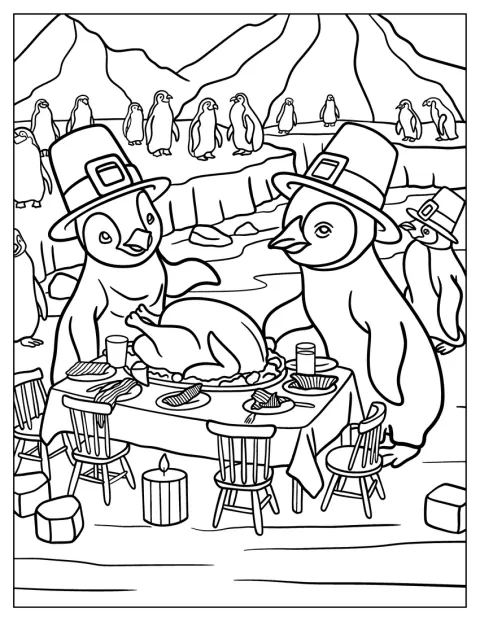 Pingviner firar Thanksgiving tillsammans i det arktiska landskapet.