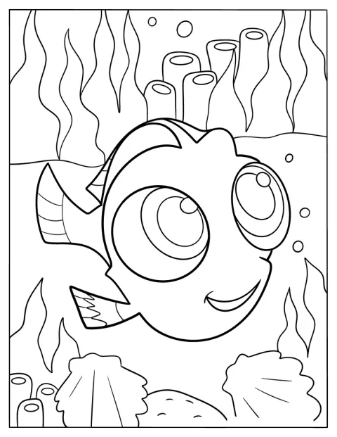 Bébé Dory, représentée avec un style kawaii, flotte dans l’eau.