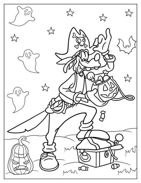 Goofy w pirackim przebraniu chodzi po cukierki w Halloween.