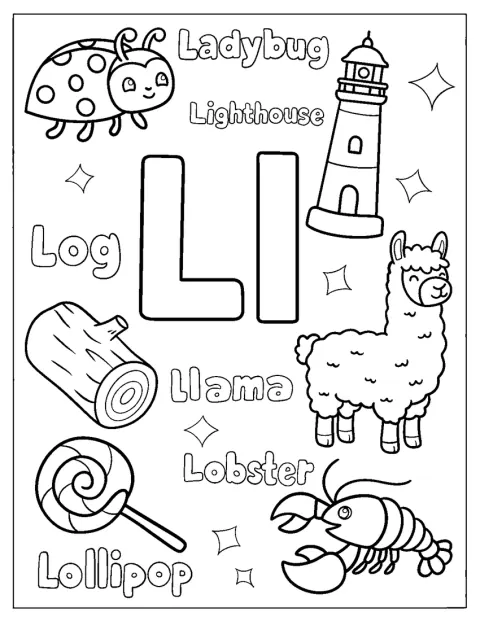 Letter L is for Ladybug, Lighthouse, Llama, Log, Lollipop, and Lobster Coloring Pagev2