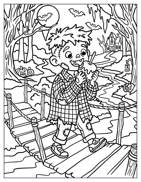 Een hongerige zombie jongen eet een appel met een laagje snoep.