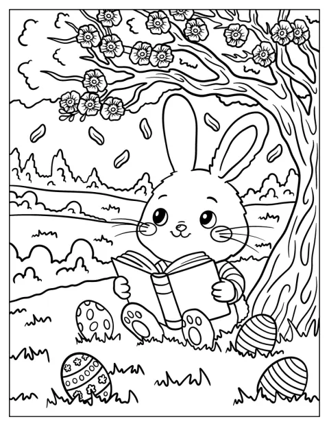 Smart Easter Bunny Coloring Page Reading Under a Flowering Tree with Easter Eggs on the Grass for Kids