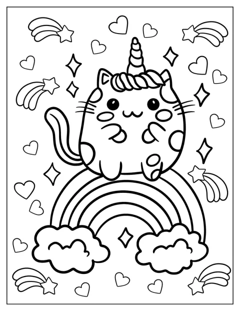 Um pequeno gato unicórnio chibi está de pé sobre um arco-íris.