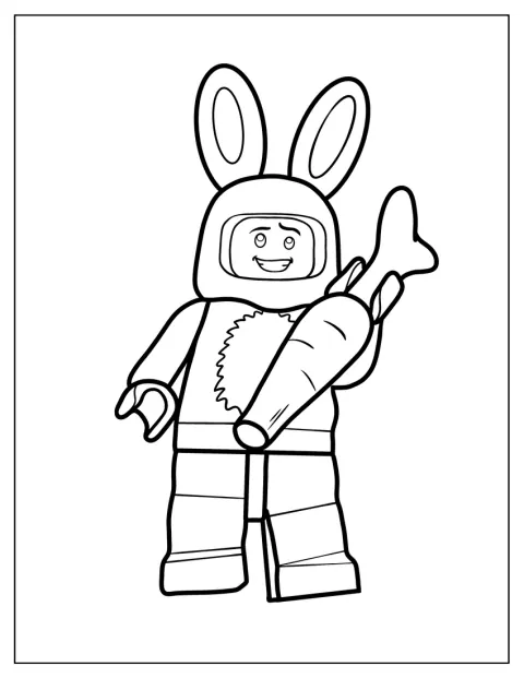 Una figura de Lego vestida de conejo de Pascua sostiene una zanahoria.